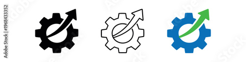 Gear with rising arrow icon set. growth, optimization, performance, development, progress, analytics, settings, engineering, business improvement. line, flat and colored vector icon set.