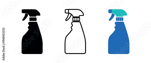 Trigger spray bottle cleaner icon set. spray bottle, trigger sprayer, cleaner, disinfectant, detergent, chemical, mist. household cleaning, surface. line, flat and colored vector icon set.