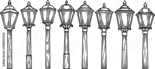 A collection of ornate medieval-style iron lamp posts with intricate designs Vector