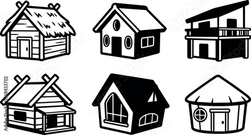 Six different house icons with various roof styles