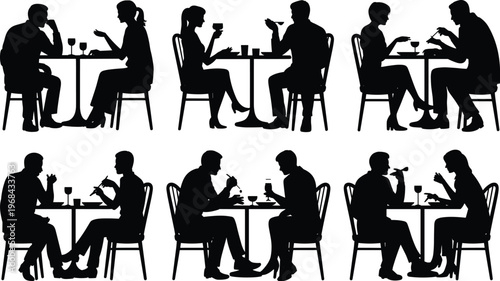 Black silhouettes of couples sitting at restaurant tables eating dinner drinking wine and talking together isolated on a clean white background vector