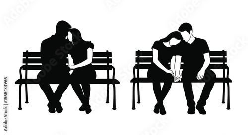 Couple on a park bench intimate moment captured in black silhouette