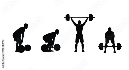 Weightlifter progression showing various stages of a lift black silhouette