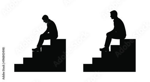 A man sits on steps reflecting a pensive mood black silhouette