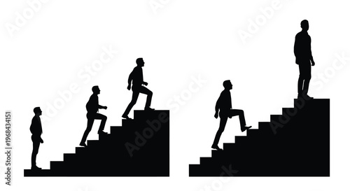 Men climbing stairs representing progress and ambition black silhouette