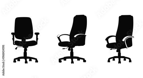 Three office chairs displayed in black minimalist design silhouette