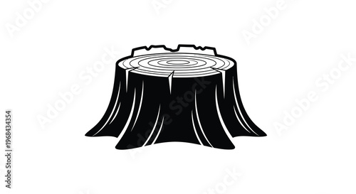A black silhouette of a freshly cut tree stump on white background