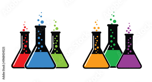 Colorful chemistry beakers with liquid contents in a stark silhouette