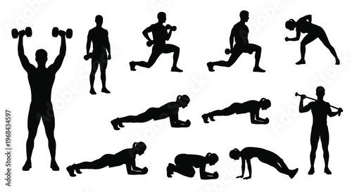 Diverse fitness exercises depicted in black silhouettes showcasing active lifestyles silhouette