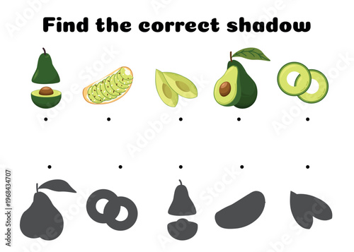 Kids shadow matching game with avocado pear and fruit slices activity