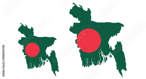 Bangladesh flag illustration depicting a dark green map with a red sun silhouette