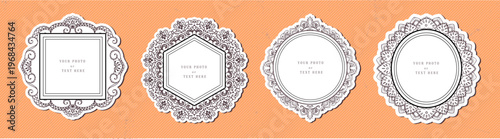 Hand drawn photo holder vintage kid frame. Mirror antique ornamental borders. Black outline picture collection in vector retro decorative style. 