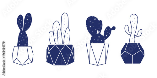 Minimal cactus illustration set in geometric pots modern vector design