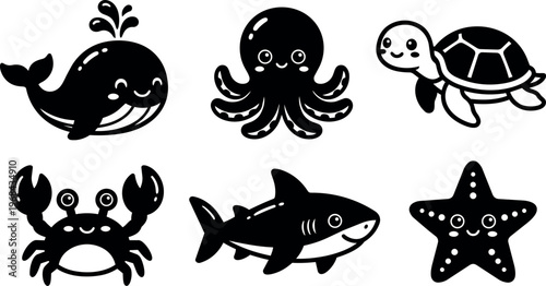 Cute black and white crab whale octopus turtle shark and starfish vector art