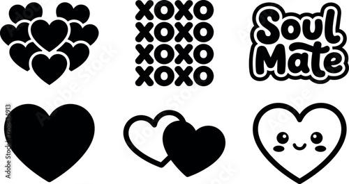 Black and white heart icons with xoxo and soul mate lettering set