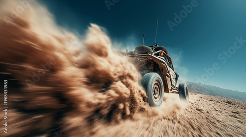 A buggy speeds through the desert, kicking up a massive cloud of dust.