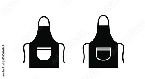 Two black aprons with pockets depicted in a striking silhouette