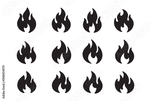 Fire flames icon set. Burning hot vector silhouettes on transparent background