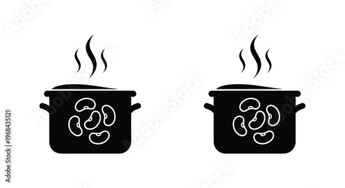 Two black pots with beans and rising steam a stark silhouette
