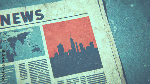 Close Up Newspaper Front Page With Urban Skyline Image Retro Editorial News Concept