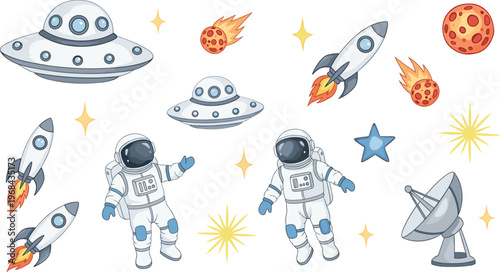 Space Exploration Collection with Astronauts, UFOs, Rockets, Asteroids, Stars, and Satellite for Science Fiction, Space, and Kids Illustration Project