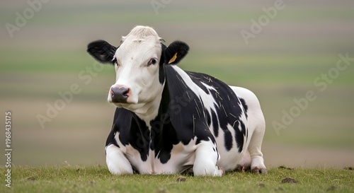 Black and white cow, lying down, Holstein cattle, farm animal, rural landscape