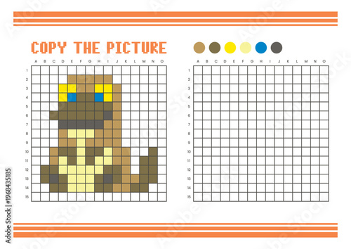 Copy the picture grid drawing worksheet for kids. Pixel art platypus