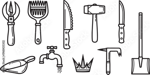 A collection of vintage cooking and dining utensils and tools Vector
