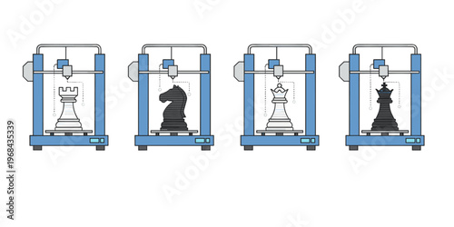 3D printers producing different chess pieces, symbolizing technology, innovation, rapid prototyping, and digital fabrication concepts