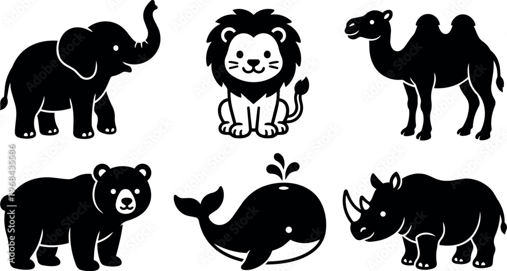 Fototapeta premium Black and white flat design animal silhouettes elephant lion camel bear whale rhinoceros