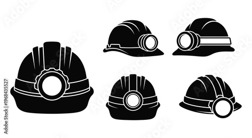 Collection of mining helmets in black symbolic representation silhouette