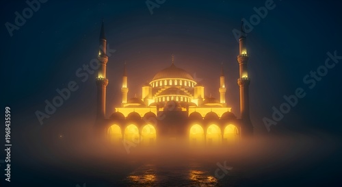Golden mosque, illuminated at night, foggy atmosphere, Islamic architecture