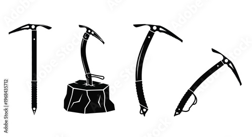 Four ice axes displayed on a rock minimalistic black silhouette