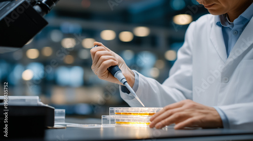Research scientist pipettes drug candidates onto transparent organ on chip device containing miniature liver tissue under sterile hood to test hepatotoxicity without animal models, perfect for alter