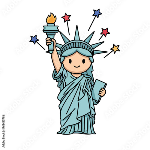 Cute chibi Statue of Liberty illustration featuring a kawaii character wearing a spiked crown, holding a lit torch and tablet, surrounded by decorative stars on a light background.