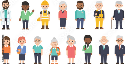 Diverse Character Illustrations Representing Various Professions and Age Groups for Workplace and Community Design