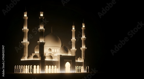 Illuminated mosque, glowing architecture, night scene, Islamic landmark, golden lighting