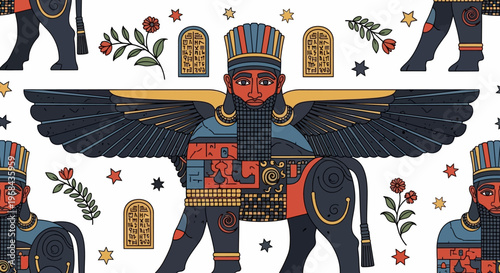 Ancient Mesopotamian Mythology Seamless Pattern with Winged Lamassu Bull, Cuneiform Tablets, and Stars in Flat Vector Illustration Style