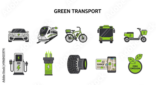 Green eco friendly transportation options icons.