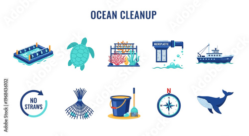 Modern Flat Illustration Ocean Cleanup Environmental Conservation Efforts.