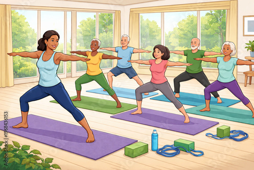 Diverse Senior Yoga Class Vector with Female Instructor in Sunlit Studio