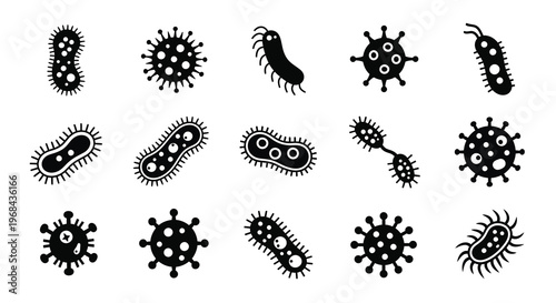 Variety of black virus and bacteria icons in a flat style silhouette