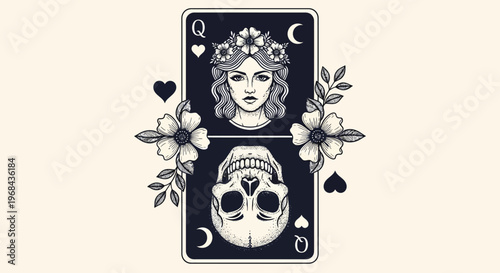 Foto Queen of Hearts Playing Card Illustration with Skull and Woman, Life and Death D