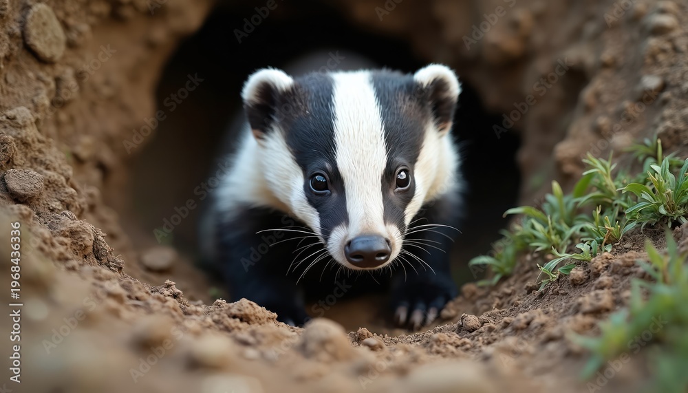 Fototapeta premium European badger peeks out from underground sett. Black and white mammal with distinctive stripes on face rests near dirt hole entrance. Wild animal near green grass.