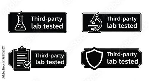 Four black badge icons displaying third party lab testing quality control silhouette