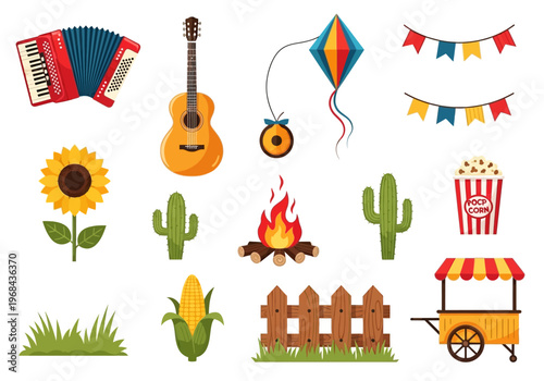 Brazilian Festa Junina Celebration Vector Icon Set with Accordion, Guitar, Corn, and Campfire