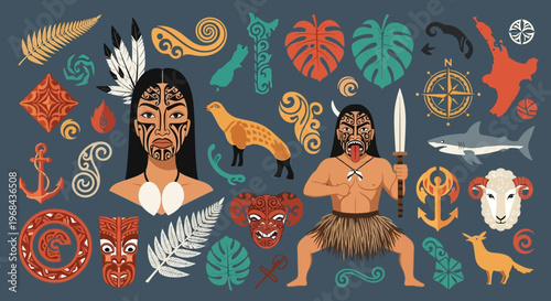 Collection of Maori Cultural Symbols and New Zealand Icons Featuring Traditional Warrior, Woman with Moko, Tiki Masks, and Silver Fern Illustrations