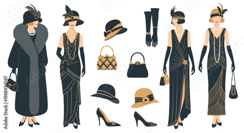 Vintage 1920s Flapper Fashion Set with Elegant Women, Gatsby Style Dresses, Cloche Hats, and Art Deco Accessories in Black and Gold