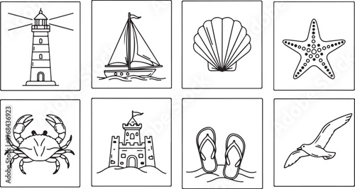 A collection of line drawings showcasing various architectural structures and animals Vector