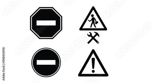 Road signs depicting warnings construction and restrictions a silhouette